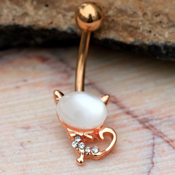 Rose Gold Plated Cat's Eye Cat Belly Button Ring - Picture 1 of 2